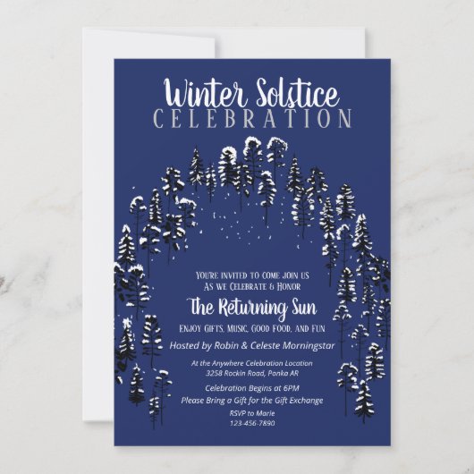 Dark Blue Winter Solstice Yule Snow Forest Party Kaart (Voorkant)
