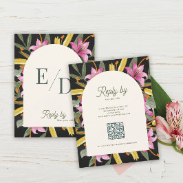 Dark Blush Pink Lily Arched RSVP Card with QR Code Kaartje