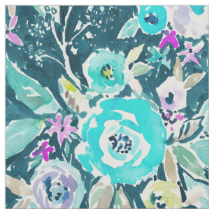 Dark Boho Blue Floral Waterverf Pattern Stof