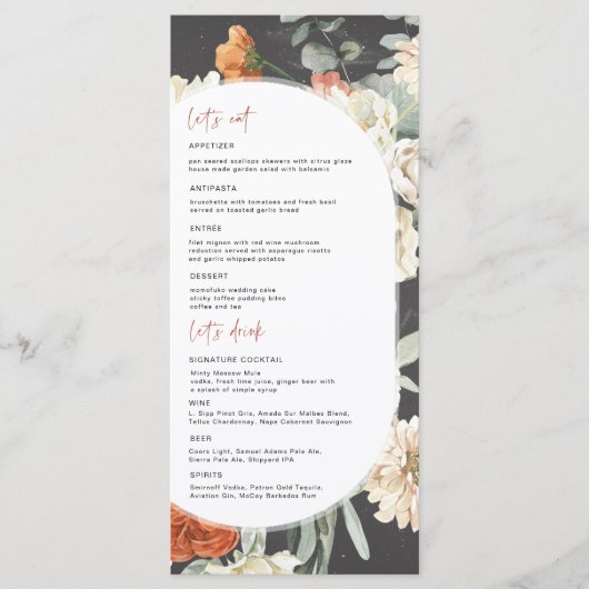 Dark Boho Floral | Menu Weddenschappen (Voorkant)