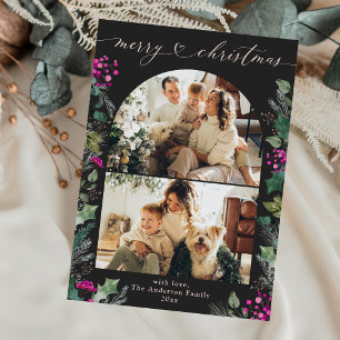 Dark Boho Fuchsia Botanicals 2 Foto Kerstmis Feestdagenkaart