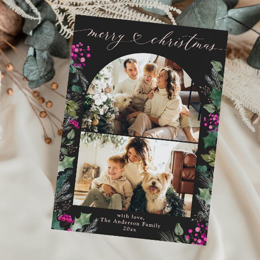 Dark Boho Fuchsia Botanicals 2 Foto Kerstmis Feestdagenkaart