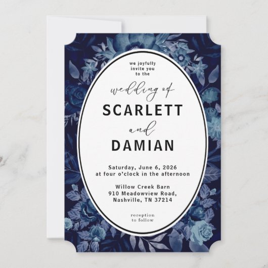 Dark Boho Moody Blue Floral Wedding Kaart (Voorkant)