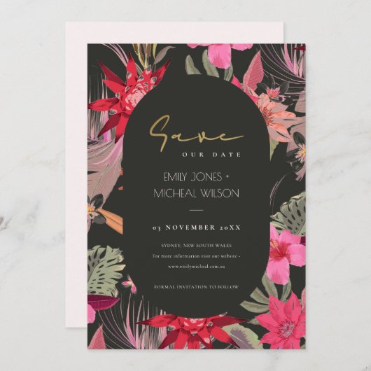 Dark Boho Red Blush Floral Save the Date Invite Bedankkaart (Voorkant / Achterkant)