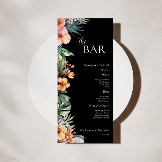 Dark Boho Tropical Floral Wedding Bar Menu