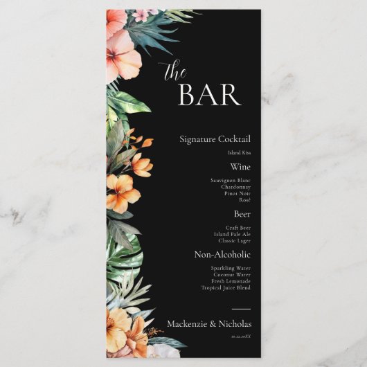 Dark Boho Tropical Floral Wedding Bar Menu (Voorkant)