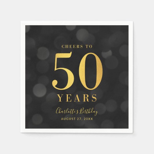 Dark Bokeh Faux Gold Proost op 50 Jaar Verjaardag Servet (Voorkant)