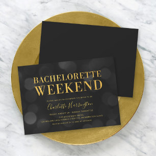 Dark Bokeh Lights Faux Gold Bachelorette Weekend Kaart