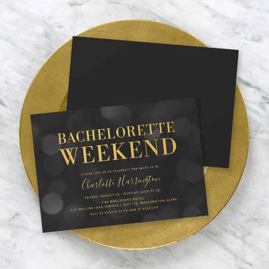 Dark Bokeh Lights Faux Gold Bachelorette Weekend Kaart