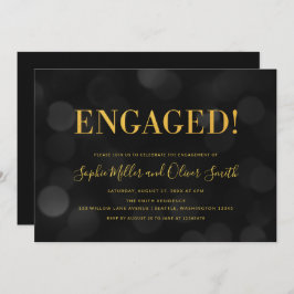 Dark Bokeh Lights Faux Gold Engagement Party Kaart
