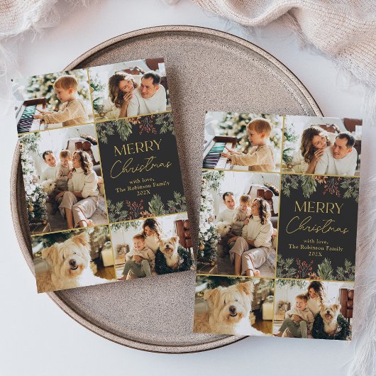Dark Botanical Gold Script 5 Foto Kerst Kaart
