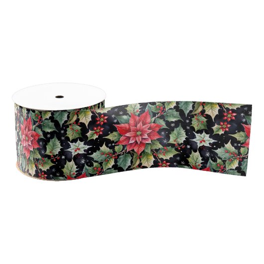Dark Botanical Poinsettia and Christmas Holly Grosgrain Lint (Spoel)