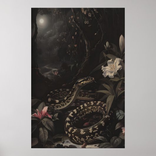 Dark Botanical Snake Art Print Floral Reptile (Voorkant)