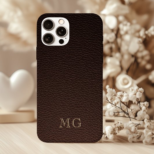 Dark Brown Faux Leather and Gold Monogram Initials Case-Mate iPhone Case