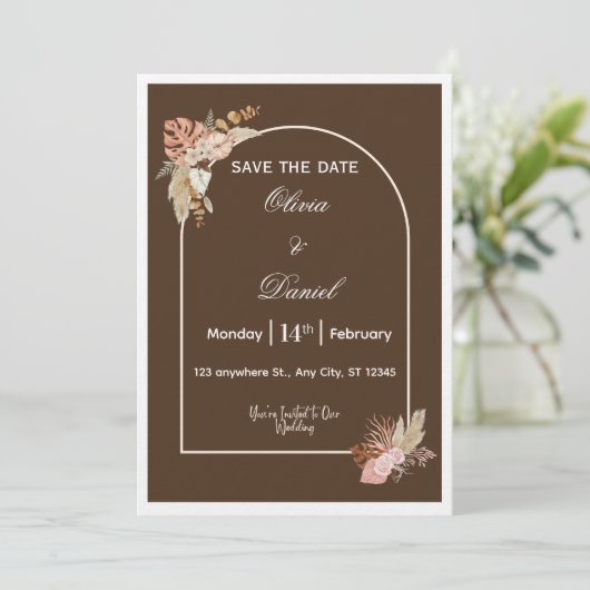 Dark Brown Minimalist Boho Wedding Invitation Kaart (Staand voorkant)