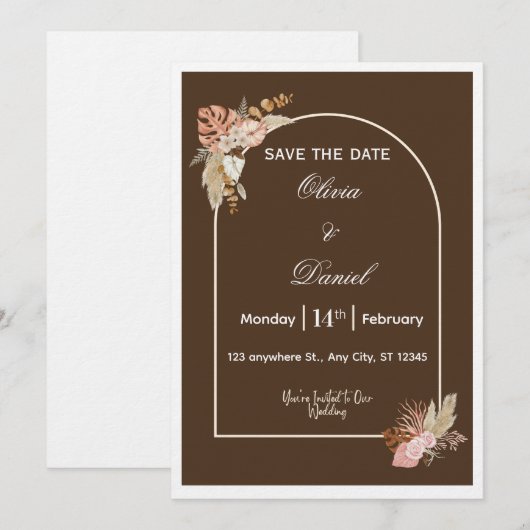 Dark Brown Minimalist Boho Wedding Invitation Kaart (Voorkant / Achterkant)