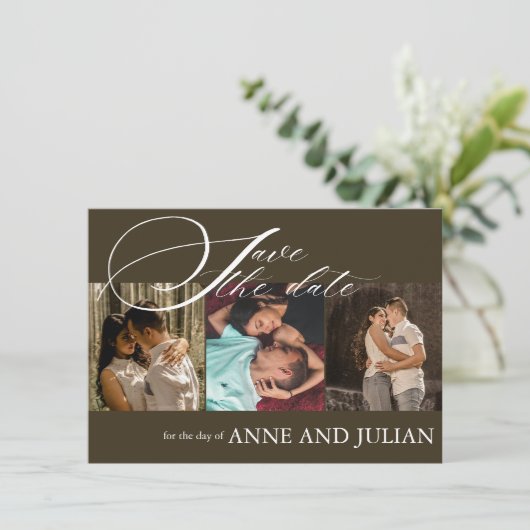 Dark Brown Save the date card 3 photo a QR Code (Staand voorkant)