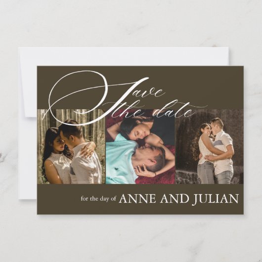 Dark Brown Save the date card 3 photo a QR Code (Voorkant)