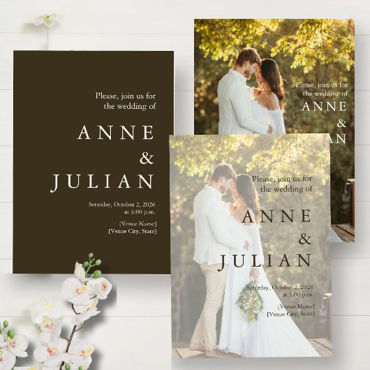 Dark Brown Wedding with a photo & QR Code Kaart