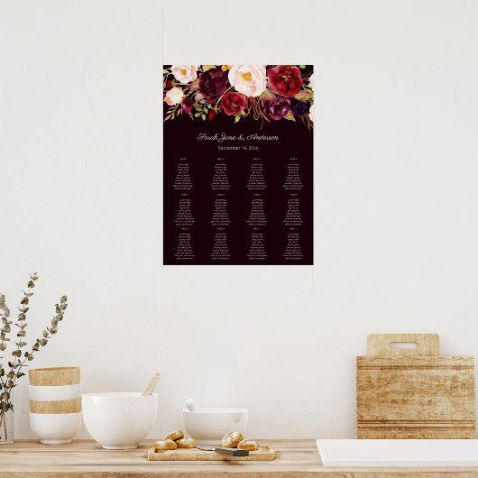 Dark Burgundy Blush Floral Seating Chart 12 Poster (Keuken)