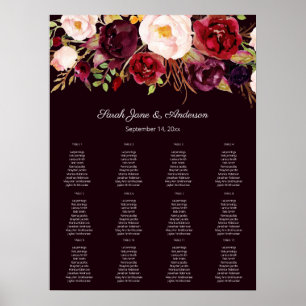 Dark Burgundy Blush Floral Seating Chart 12 Poster