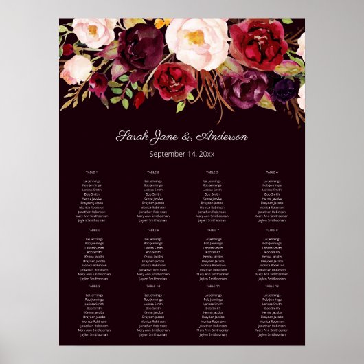 Dark Burgundy Blush Floral Seating Chart 12 Poster (Voorkant)