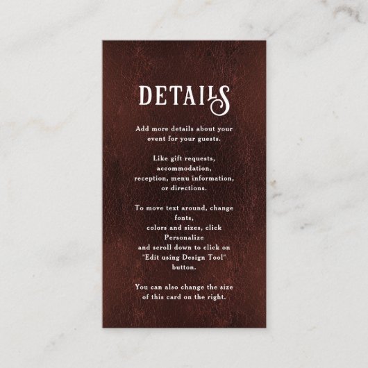 Dark Burgundy Brown Rustic Wedding Details Informatiekaartje (Voorkant)