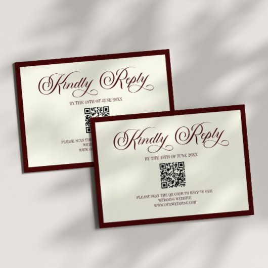Dark Burgundy Ivory Wedding QR Code RSVP Card Kaartje