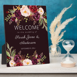 Dark Burgundy Marsala Floral Welcome Sign Fotoplaat