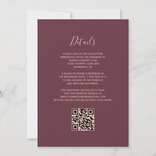 Dark Burgundy Rose Gold Glitter QR Code Wedding Kaart (Achterkant)