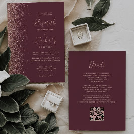 Dark Burgundy Rose Gold Glitter QR Code Wedding Kaart