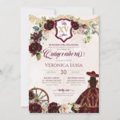 Dark Burgundy Rozen Elegant Charro Quinceanera Kaart (Voorkant)