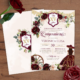 Dark Burgundy Rozen Elegant Charro Quinceanera Kaart