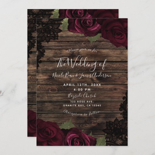 Dark Burgundy Rozen Wood Black Wedding Kaart (Voorkant / Achterkant)