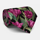 Dark Burgundy Tulip Floral Pattern Stropdas (Opgerold)