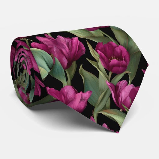 Dark Burgundy Tulip Floral Pattern Stropdas (Opgerold)
