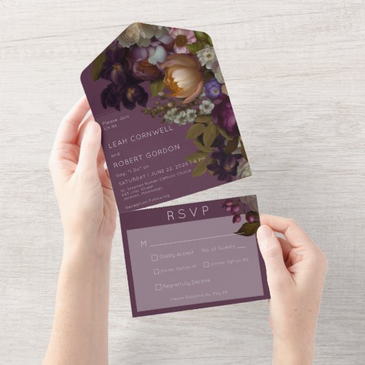 Dark Burgundy Wine Gothic Floral Dinner All In One Uitnodiging (Afscheurbaar)