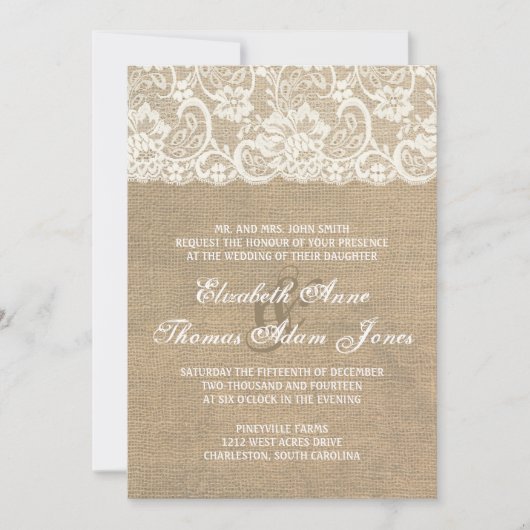 Dark Burlap en Lace Rustic Wedding Invitation Kaart (Voorkant)
