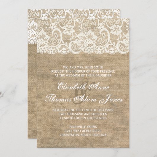 Dark Burlap en Lace Rustic Wedding Invitation Kaart (Voorkant / Achterkant)