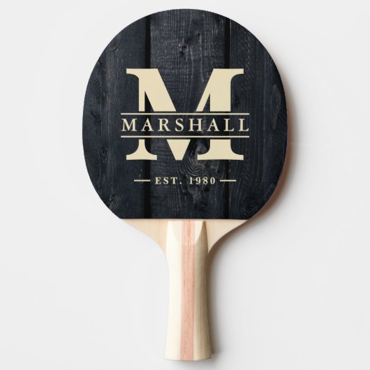 Dark Burnt Wood Monogram & Name Overlay Tafeltennisbatje (Voorkant)