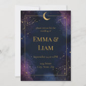 Dark Celestial Wedding Invitation | Purple & Navy Kaart (Voorkant)