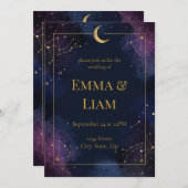 Dark Celestial Wedding Invitation | Purple & Navy Kaart (Voorkant / Achterkant)