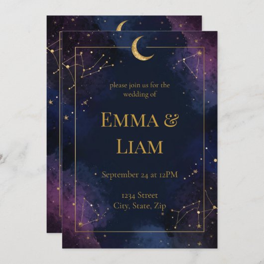 Dark Celestial Wedding Invitation | Purple & Navy Kaart (Voorkant / Achterkant)