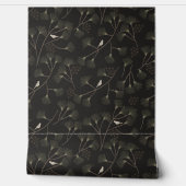 Dark Charcoal Bird & Pine Tree Pattern – Japandi Behang (Afrollen)