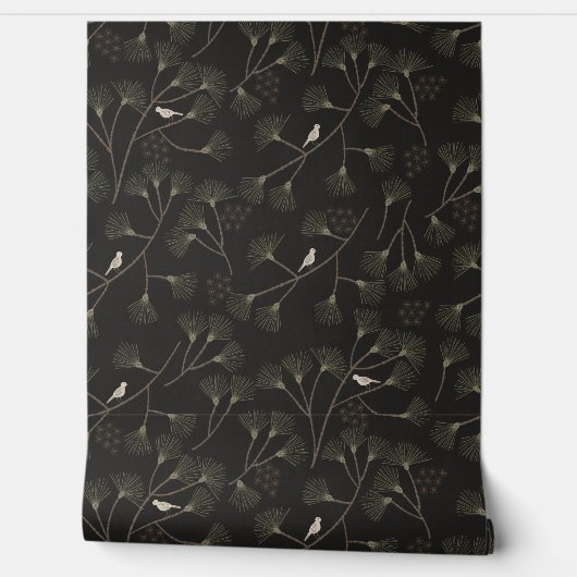Dark Charcoal Bird & Pine Tree Pattern – Japandi Behang (Afrollen)