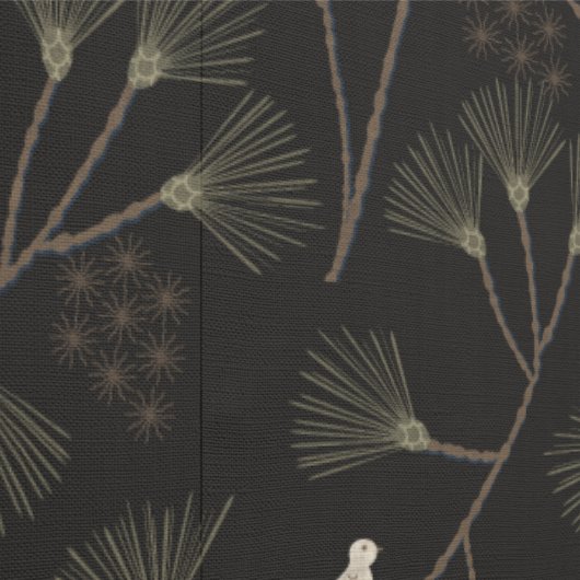 Dark Charcoal Bird & Pine Tree Pattern – Japandi Behang (Zoom)