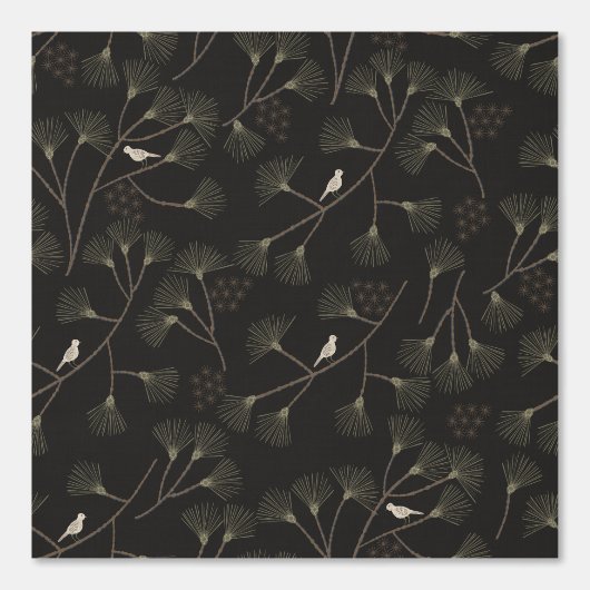 Dark Charcoal Bird & Pine Tree Pattern – Japandi Behang (Voorkant)