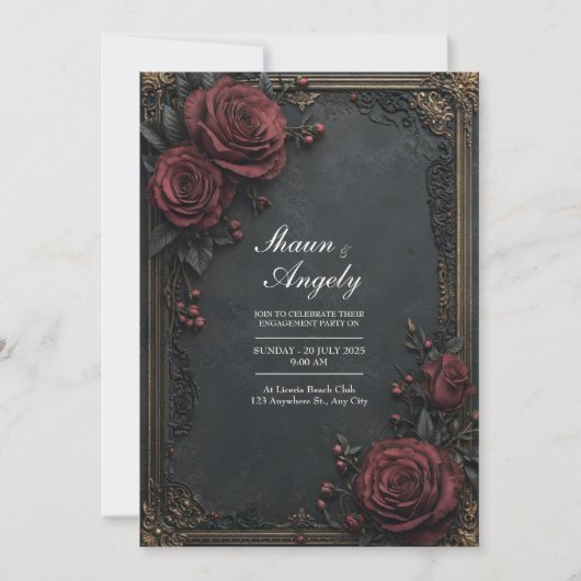 Dark Charcoal Burgundy Rose Floral Wedding Kaart (Voorkant)