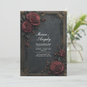 Dark Charcoal Burgundy Rose Floral Wedding Kaart (Staand voorkant)