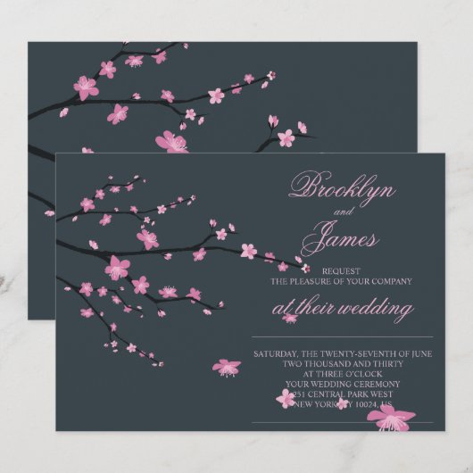 Dark Cherry Blossom Wedding Invites Kaart (Voorkant / Achterkant)
